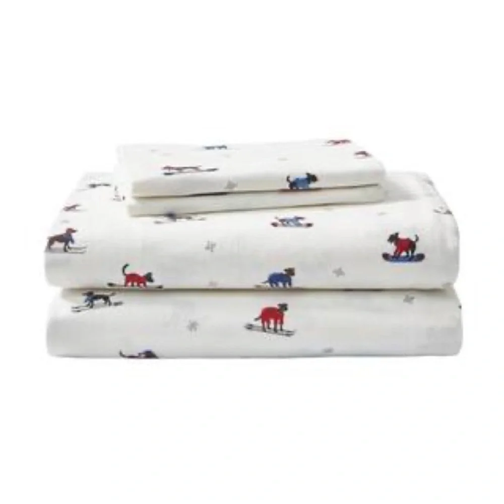 Eddie Bauer Ski Patrol 4-Piece Red and Blue Graphic Flannel Queen Sheet Set